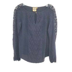Tory Burch Navy Silk Crochet Long Sleeve Blouse Size 2